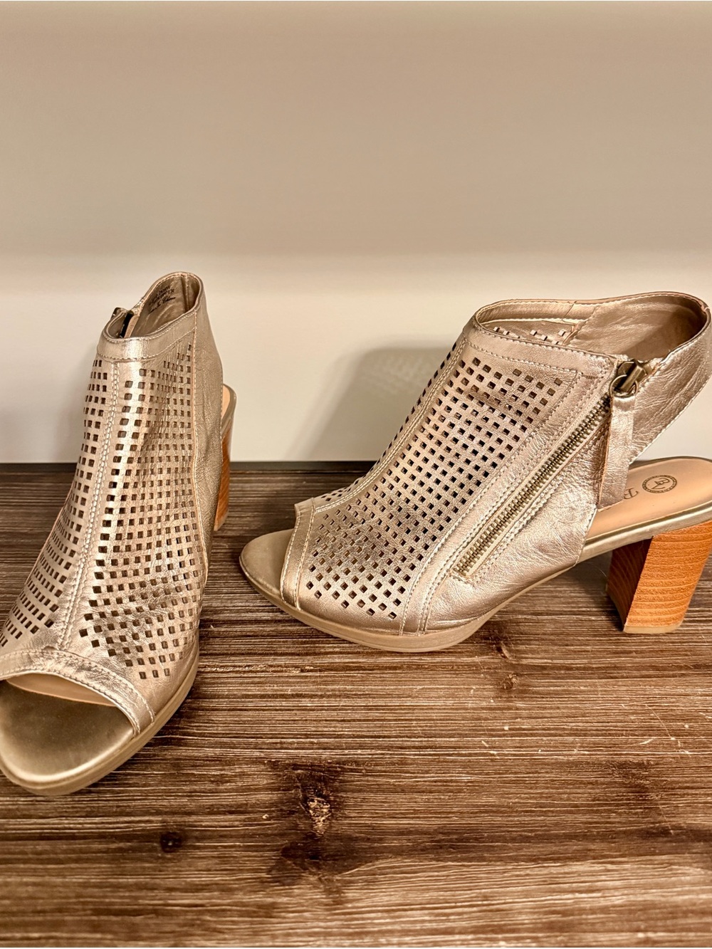 Bella Vita Metallic Gold Perforated Open-Toe Block Heel Sandals